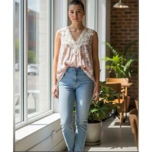 Solitaire Floral Crochet Popover Bohemian Tank Top XL